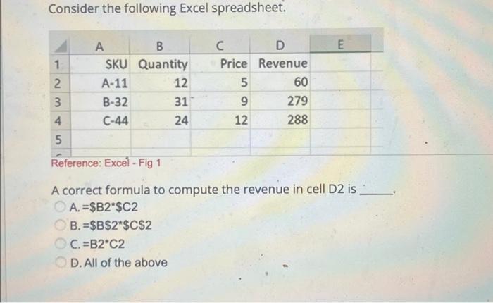 Solved Consider The Following Excel Spreadsheet. 1 2 34 5 A | Chegg.com