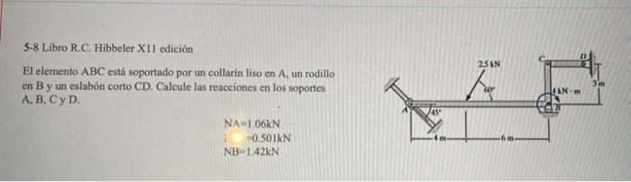 5-8 Libro R.C. Hibbeler X11 edición El elemento \( \mathrm{ABC} \) está soportado por un collarin liso en \( \mathrm{A} \), u