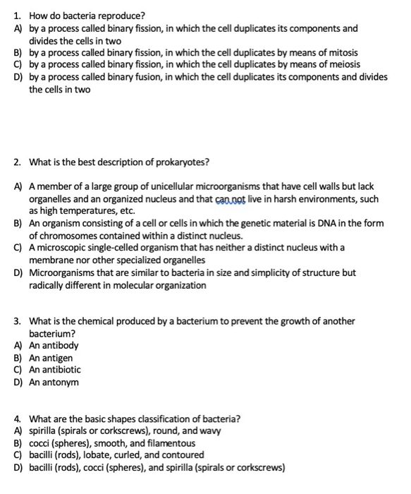 Solved 1. How do bacteria reproduce? A) by a process called | Chegg.com
