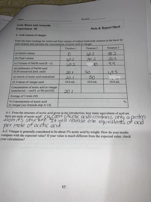 Solved Nane Section Acid, Bases and Antacids Experiment 8