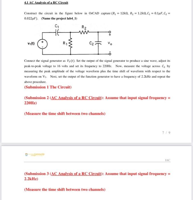 Solved 4.1 AC Analysis of a RC Circuit Construct the circuit | Chegg.com