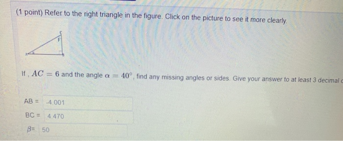 Solved (1 point) Refer to the right triangle in the figure. | Chegg.com