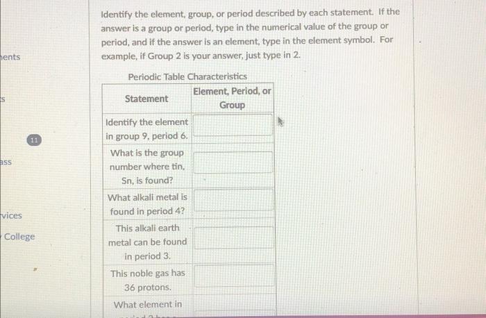 name the element present in group 1 and period 2