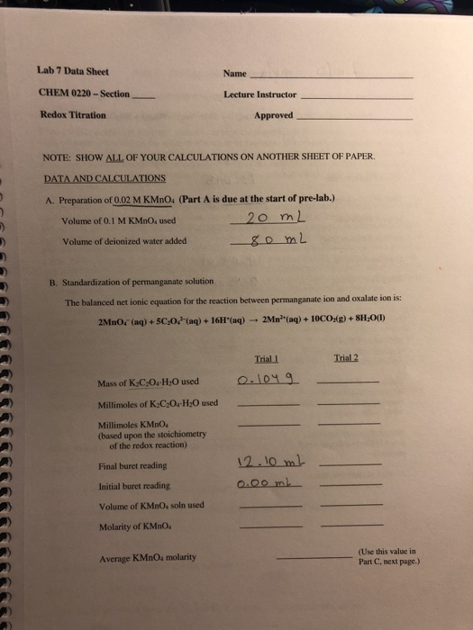 Solved Lab 7. Redox Titration of Hydrogen peroxide