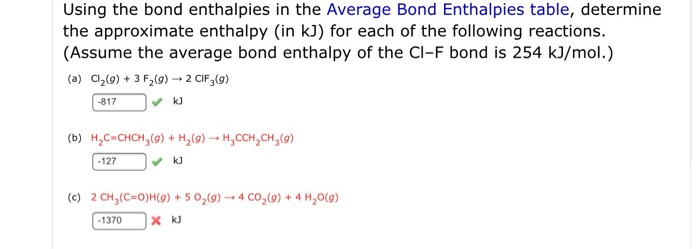 Solved Using The Bond Enthalpies In The Average Bond | Chegg.com