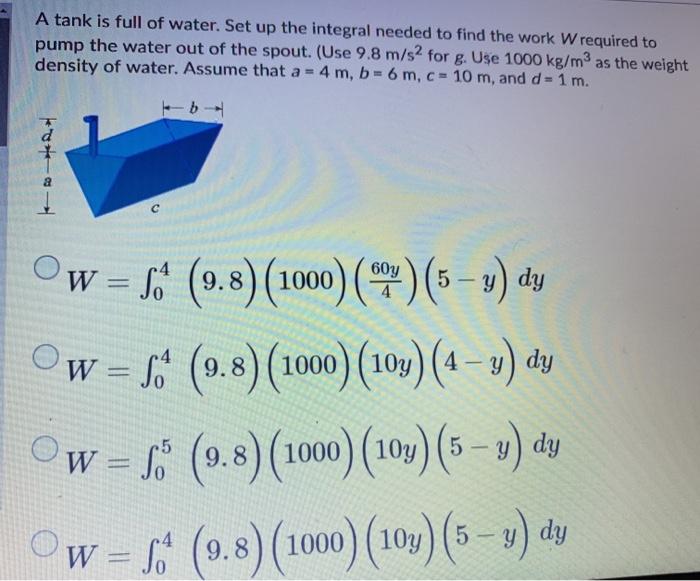 Solved A tank is full of water. Set up the integral needed | Chegg.com