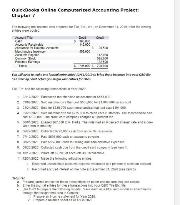 Solved QuickBooks Online Computerized Accounting Project: | Chegg.com