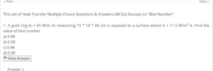 Solved Prev Next This Set Of Heat Transfer Multiple Choice | Chegg.com