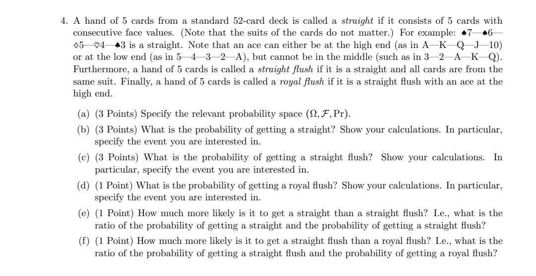 Solved 4. A hand of 5 cards from a standard 52card deck is