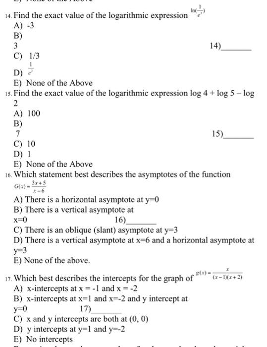 Solved Inc 14. Find the exact value of the logarithmic | Chegg.com