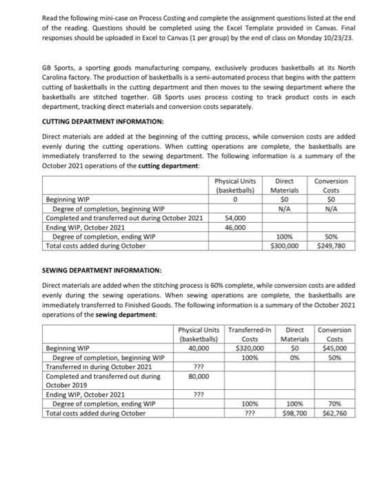 Solved Read the following mini-case on Process Costing and | Chegg.com