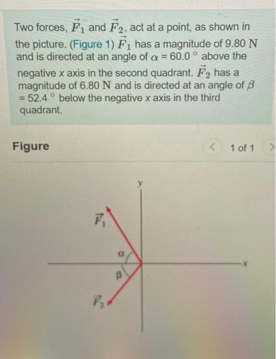 Solved Two forces, F1 and F2, act at a point, as shown in | Chegg.com