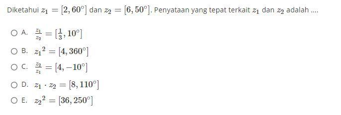 Solved Diketahui z1=[2,60∘] dan z2=[6,50∘]. Penyataan yang | Chegg.com