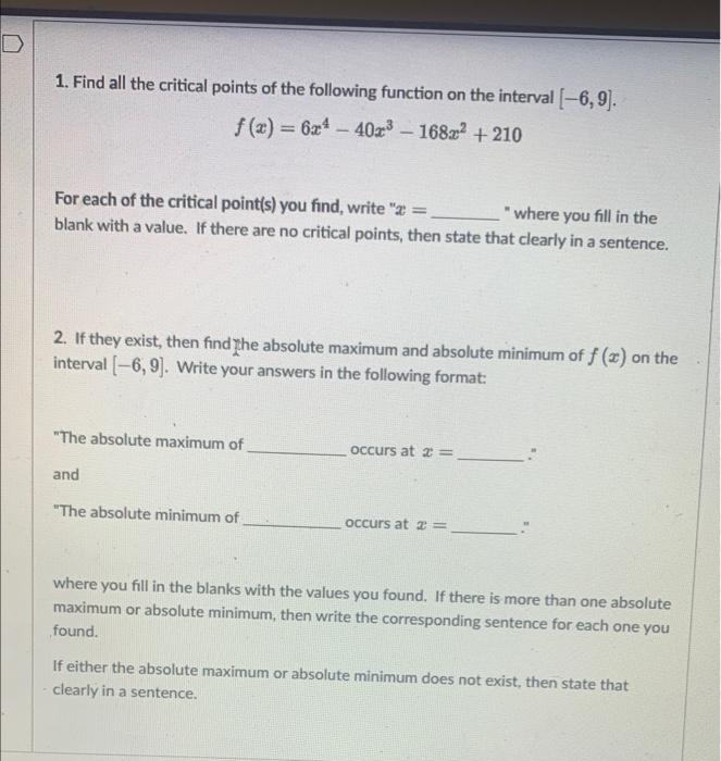 Solved 1. Find all the critical points of the following | Chegg.com