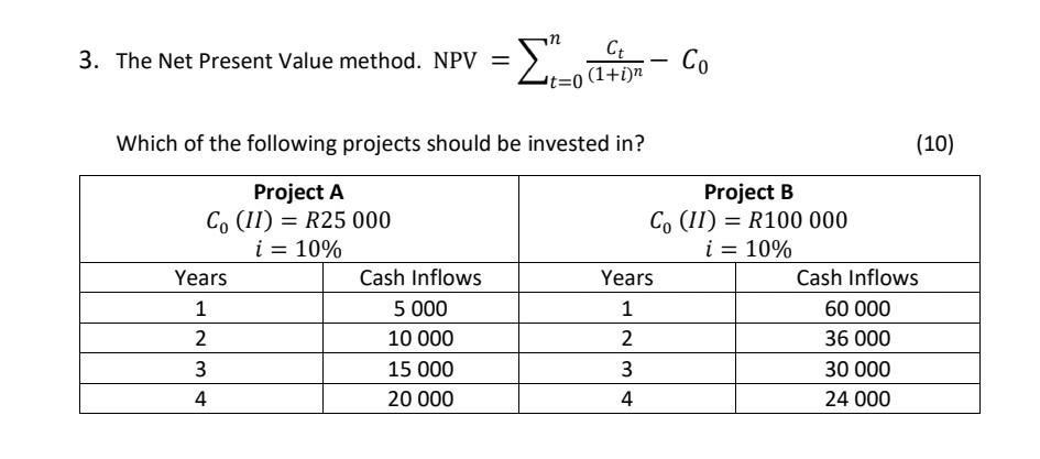 Solved 3. The Net Present Value method. NPV = =Σ²20 Ct t=0 | Chegg.com