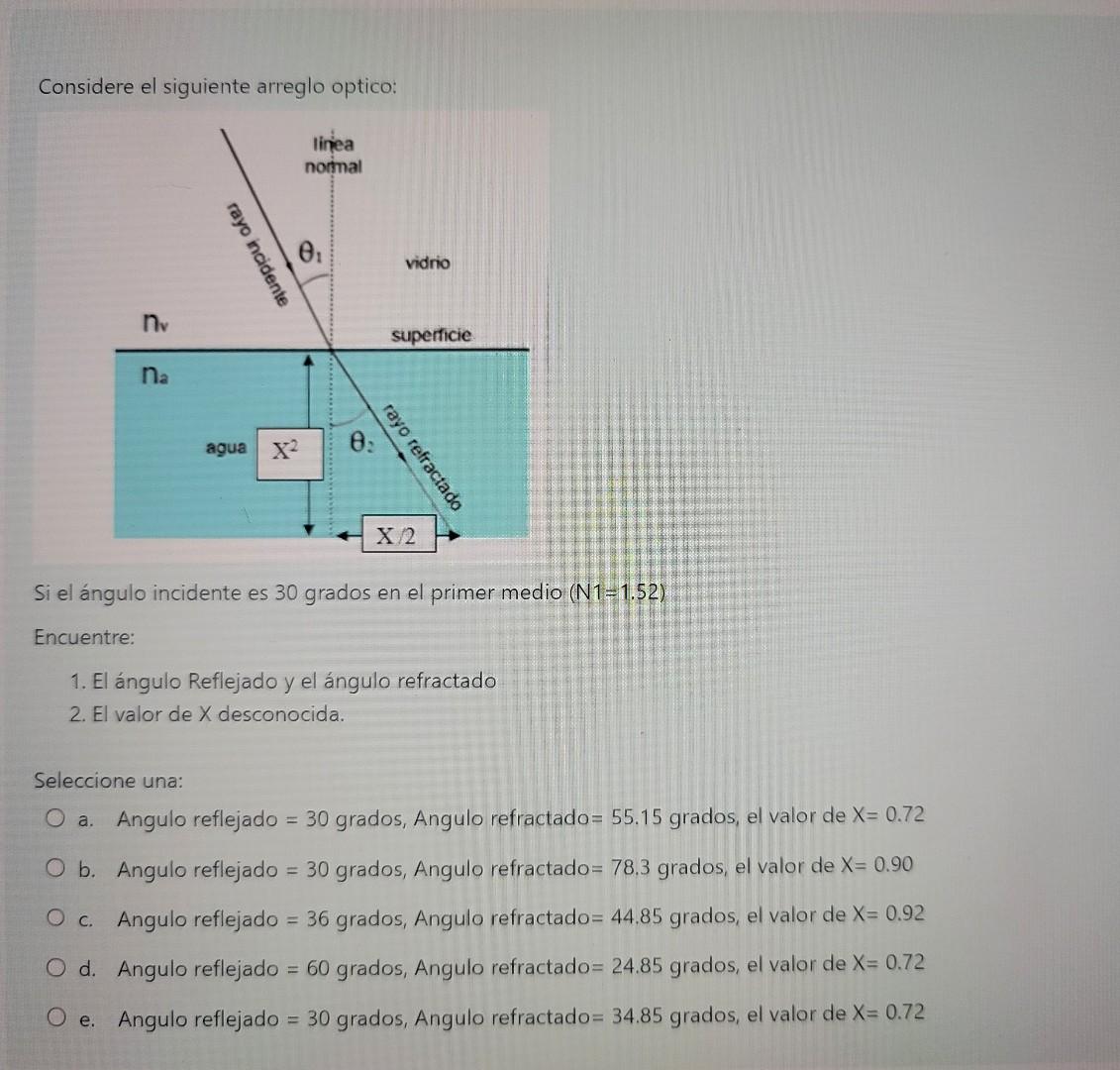 Considere el siguiente arreglo optico: Si el ángulo incidente es \( 30 \mathrm{grados} \) en el primer medio \( (\mathrm{N} 1