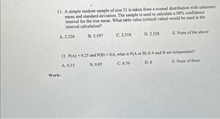 Solved 11. A simple random sample of size 21 is taken from a | Chegg.com