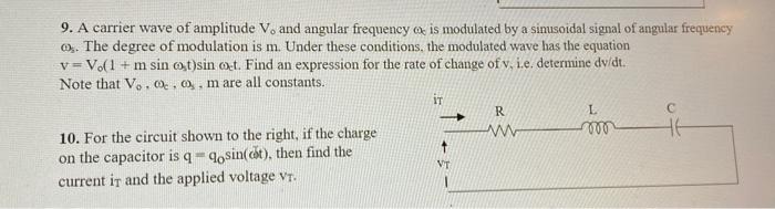 Solved 9. A carrier wave of amplitude V. and angular | Chegg.com