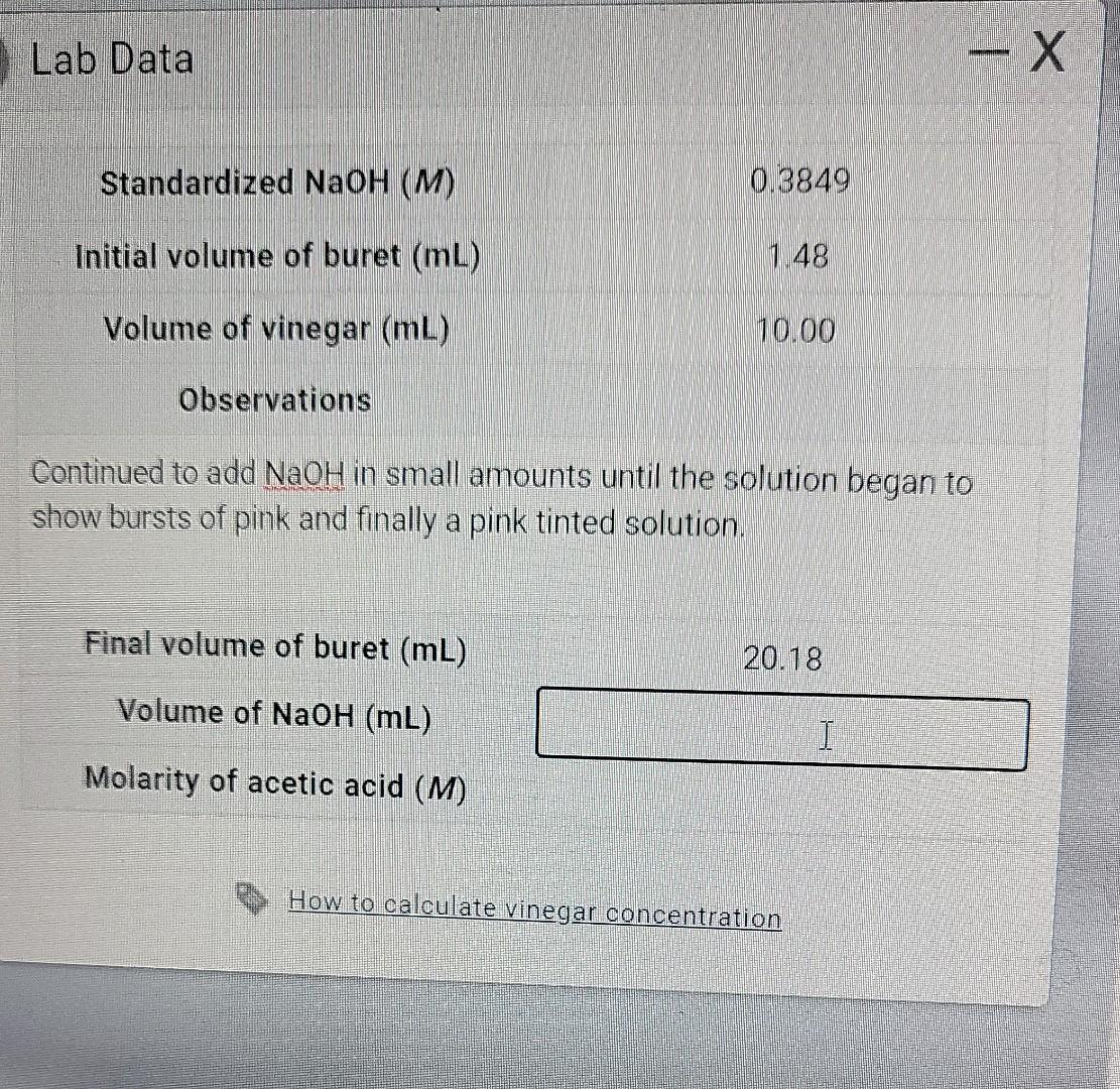 Solved Lab Data MON Х -- X Standardized NaOH (M) 0.3849 | Chegg.com