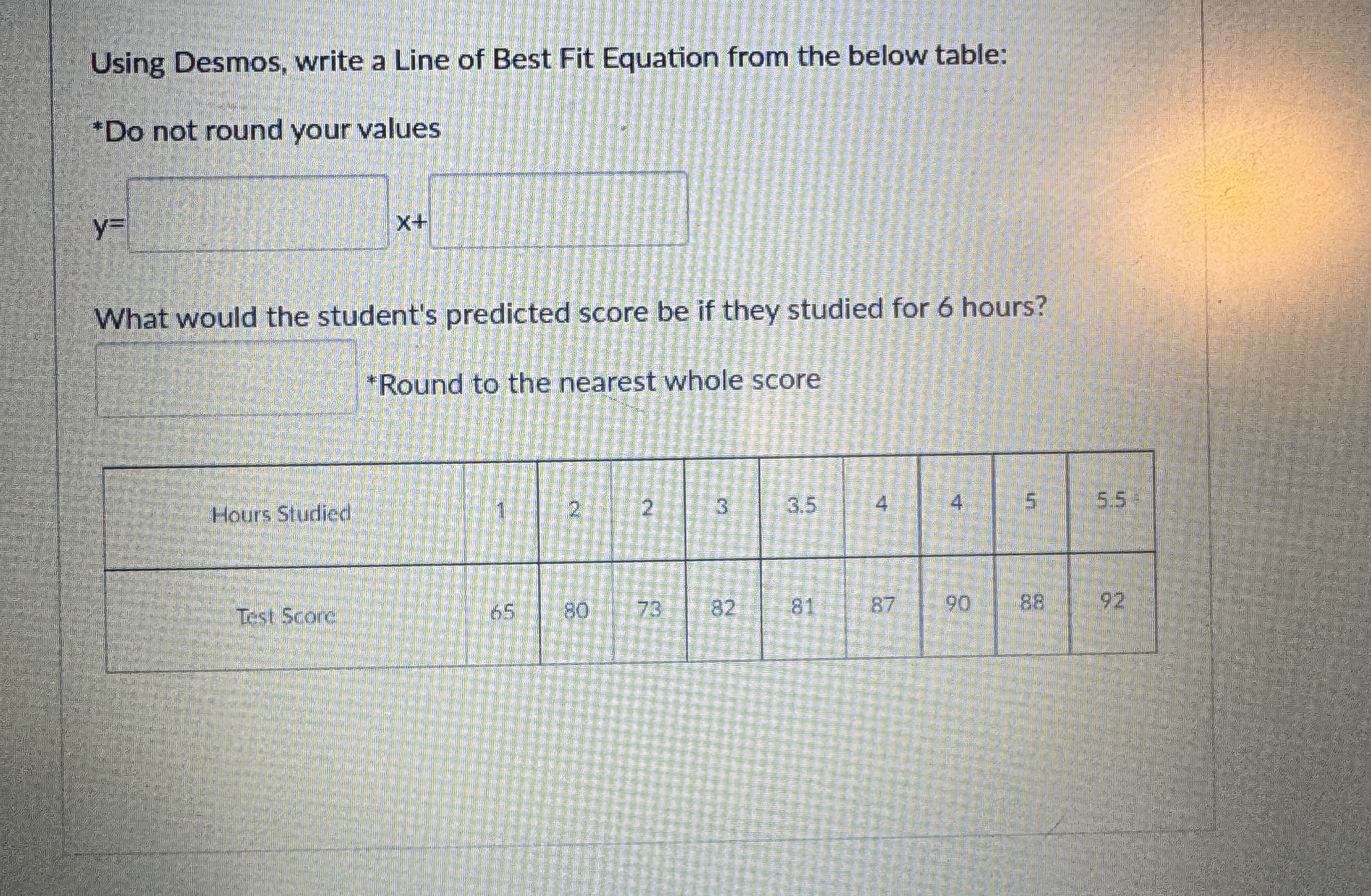 Solved Using Desmos, write a Line of Best Fit Equation from | Chegg.com