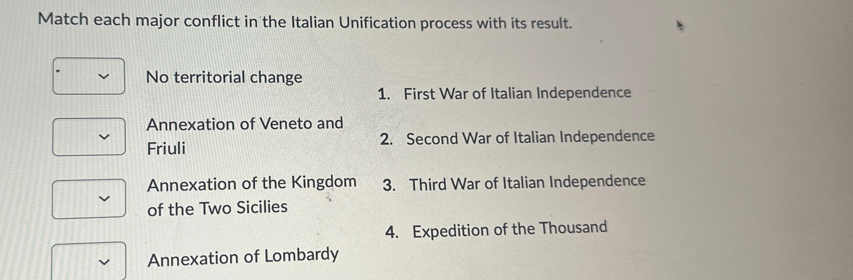 Solved Match Each Major Conflict In The Italian Unification Chegg Com   Image