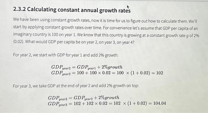 Solved 2.3.2 Calculating Constant Annual Growth Rates We | Chegg.com