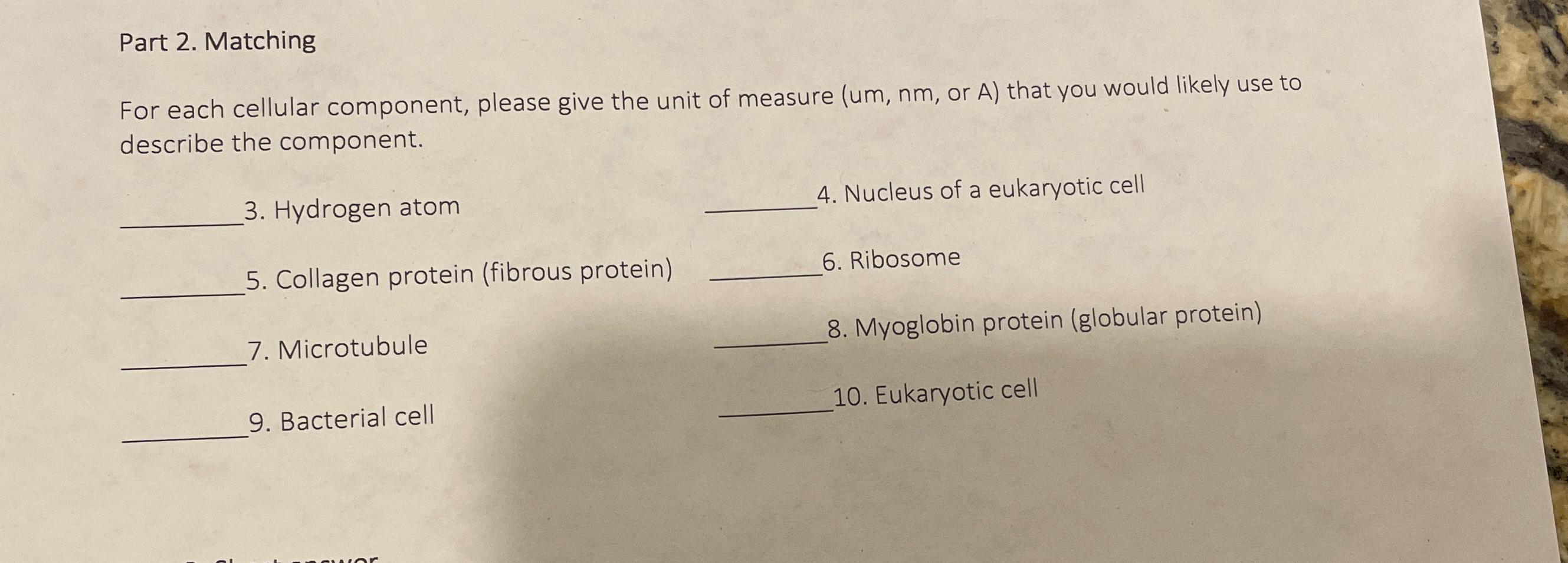 Solved Part 2. ﻿MatchingFor each cellular component, please | Chegg.com