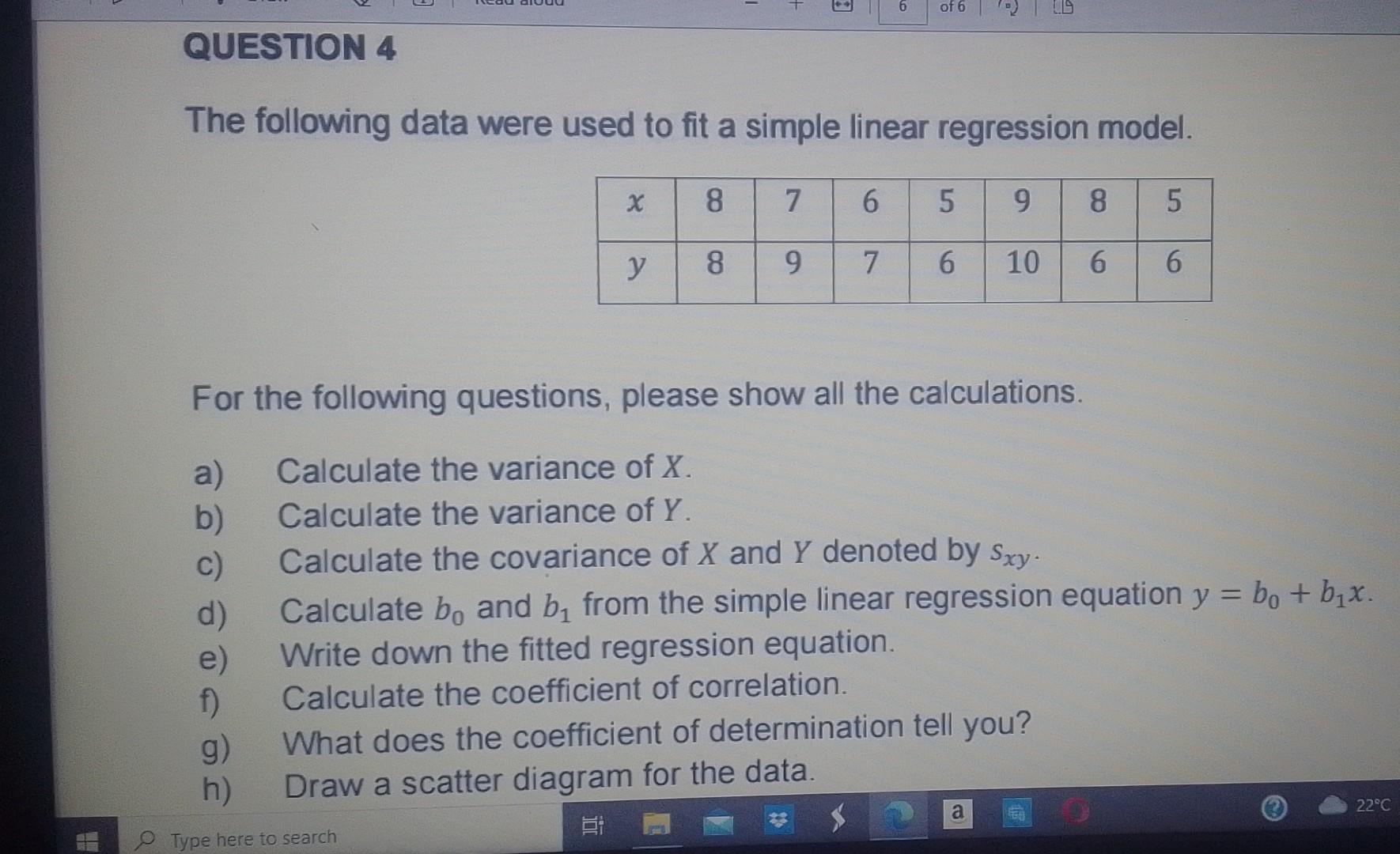 Solved The following data were used to fit a simple linear | Chegg.com