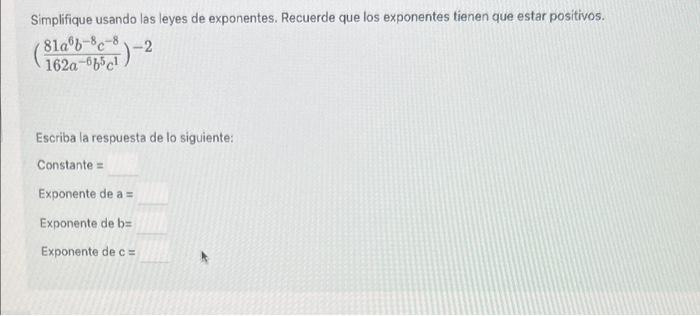 Simplifique usando las leyes de exponentes. Recuerde que los exponentes tienen que estar positivos. \[ \left(\frac{81 a^{6} b