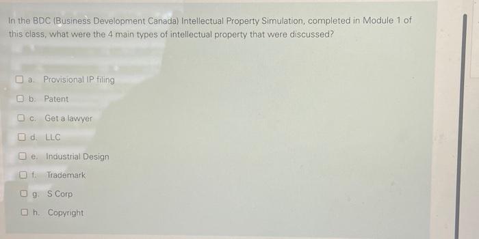 In the BDC (Business Development Canada) Intellectual | Chegg.com