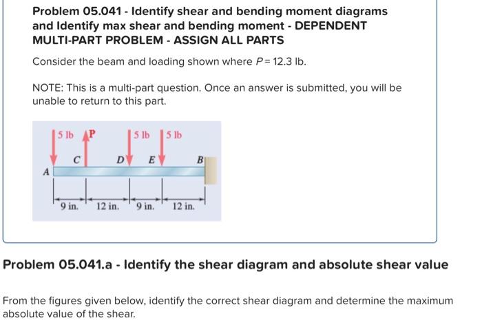 Problem 05.041 - Identify shear and bending moment diagrams and Identify max shear and bending moment - DEPENDENT MULTI-PART