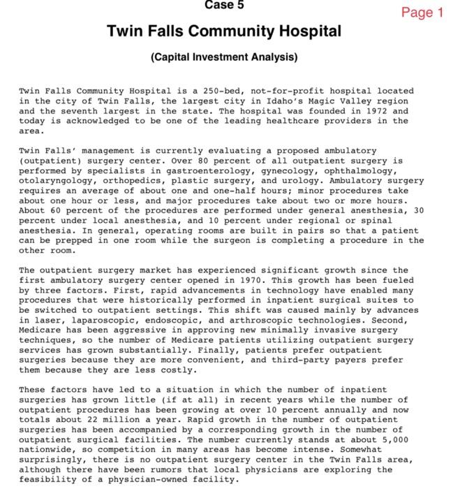 age 1 Case 5 Twin Falls Community Hospital (Capital | Chegg.com