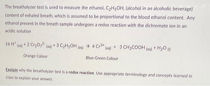 Solved The breathalyzer test is used to measure the ethanol 
