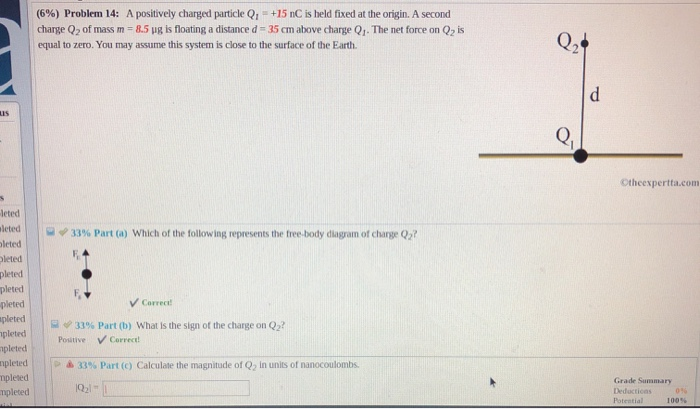Solved (6%) Problem 14: A positively charged particle Q. = | Chegg.com