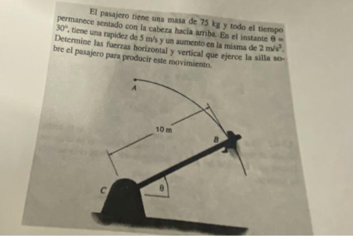 El pasajero tiene una masa de \( 75 \mathrm{~kg} \) y todo el tiempo permanece sentado con la cabeza hacia amba. En el instan