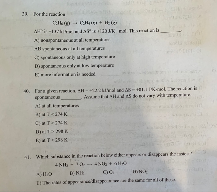 Solved 39. For the reaction C2H6 g C2H4 g H2 g AH