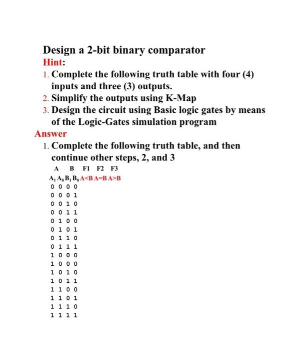 Solved Design A 2-bit Binary Comparator Hint: 1. Complete | Chegg.com