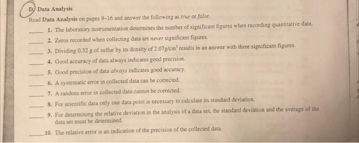 Solved D) Data Analysis Read Data Analysis on pages 9-16 and | Chegg.com