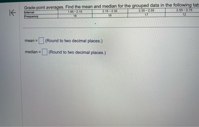 Solved mean = (Round to two decimal places.) median =( Round | Chegg.com