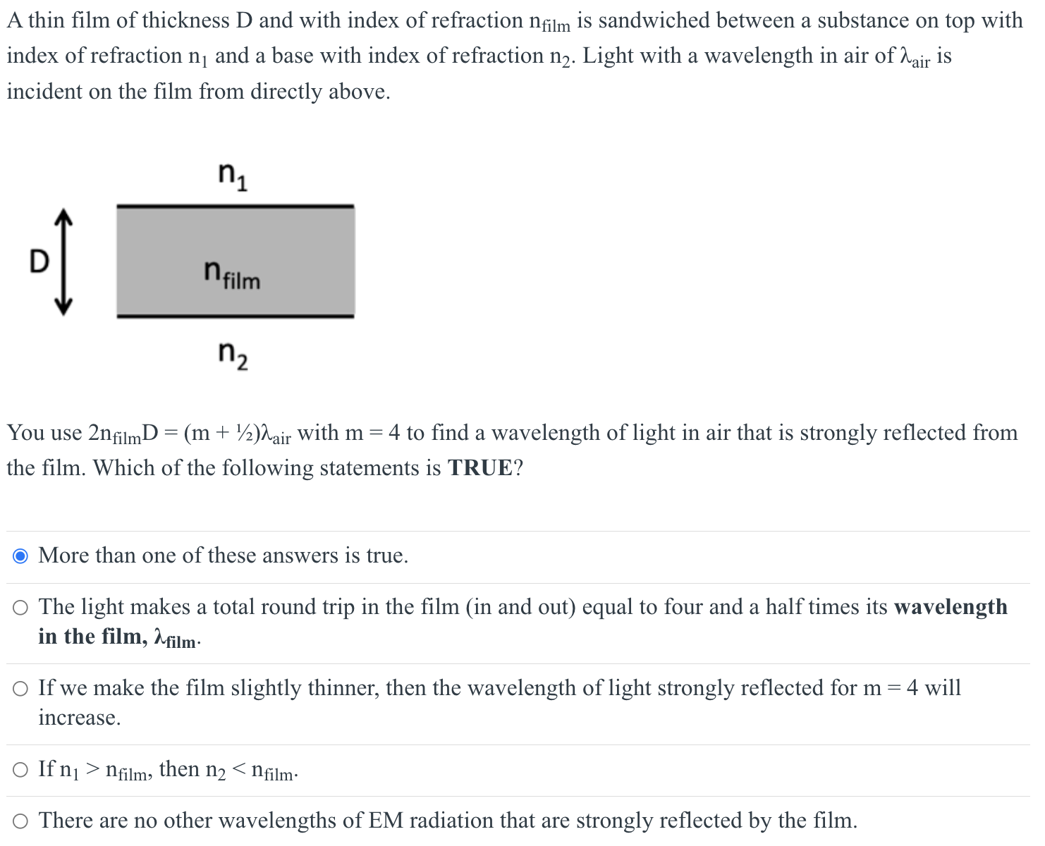 Solved A thin film of thickness D ﻿and with index of | Chegg.com