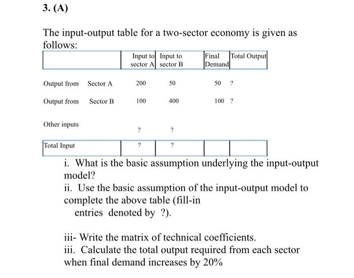 Solved 3. (A) The input-output table for a two-sector | Chegg.com