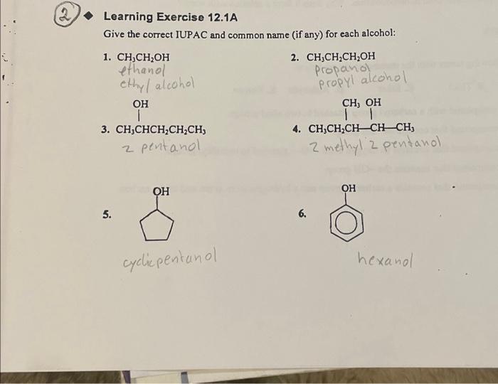 Learning Exercise 12.1A
Give the correct IUPAC and common name (if any) for each alcohol: