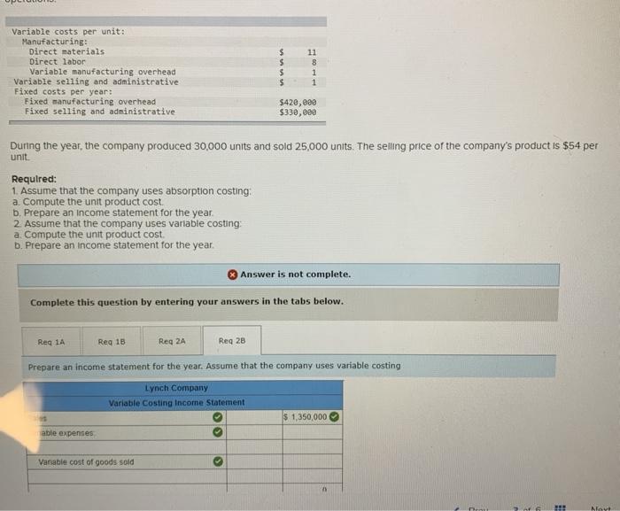 Solved Variable costs per unit Manufacturing Direct