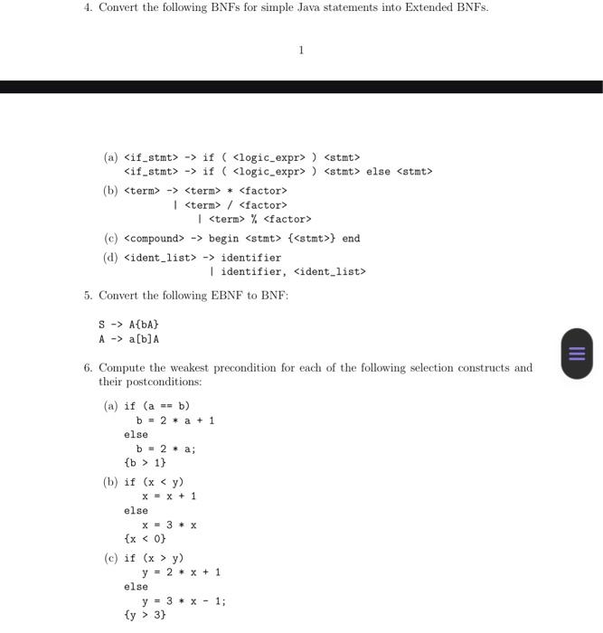 Solved 4. Convert the following BNFs for simple Java | Chegg.com