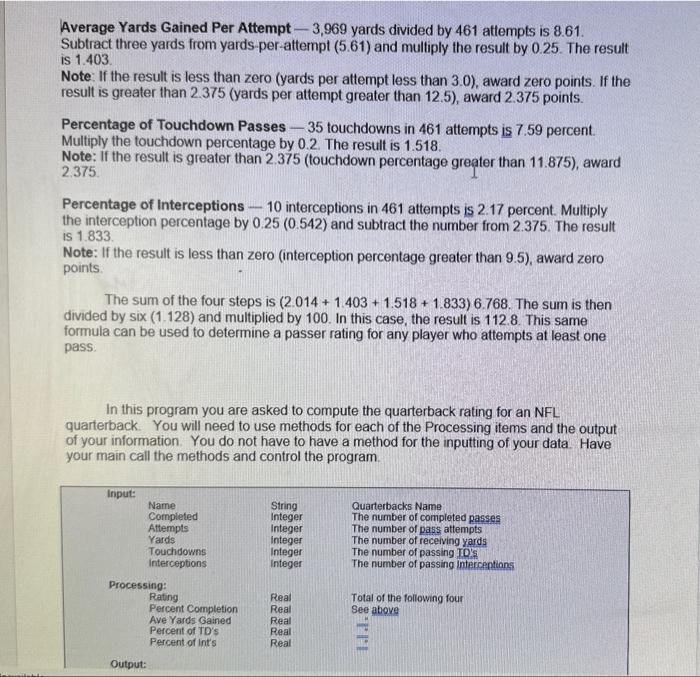 Solved NFL Quarterback Rating Formula The NFL rates its