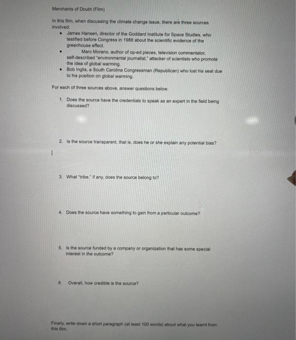 Solved Merchants of Doubt (Film) . In this film, when | Chegg.com