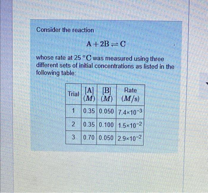 Solved Consider the reaction A + 2BC whose rate at 25°C was | Chegg.com