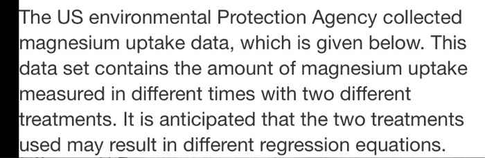 The us environmental protection agency collected magnesium uptake data, which is given below. this data set contains the amou