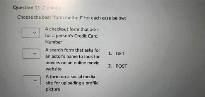 Choose the best form method for each case below:
A checkout form that asks for a persons Credit Card Number

A search form