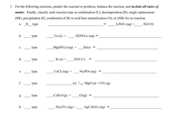 Solved help with balancing chemical reactions and predicting | Chegg.com